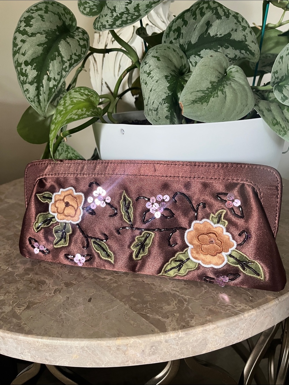 Embroidered Satin Floral Clutch - Brown
